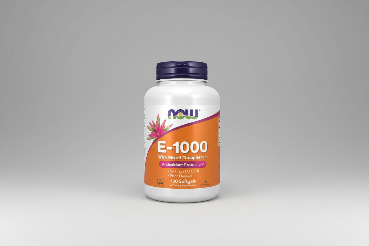 Supplement bottle labeled 'E-1000' with NOW brand on a white background