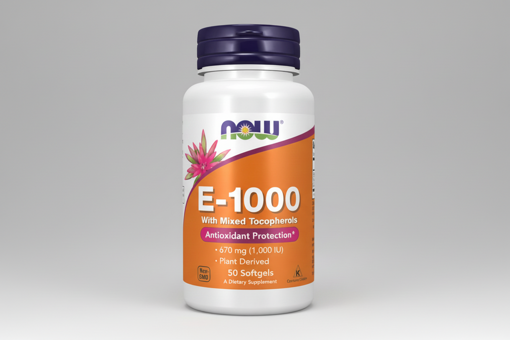 Supplement bottle labeled 'E-1000' with NOW brand on a white background