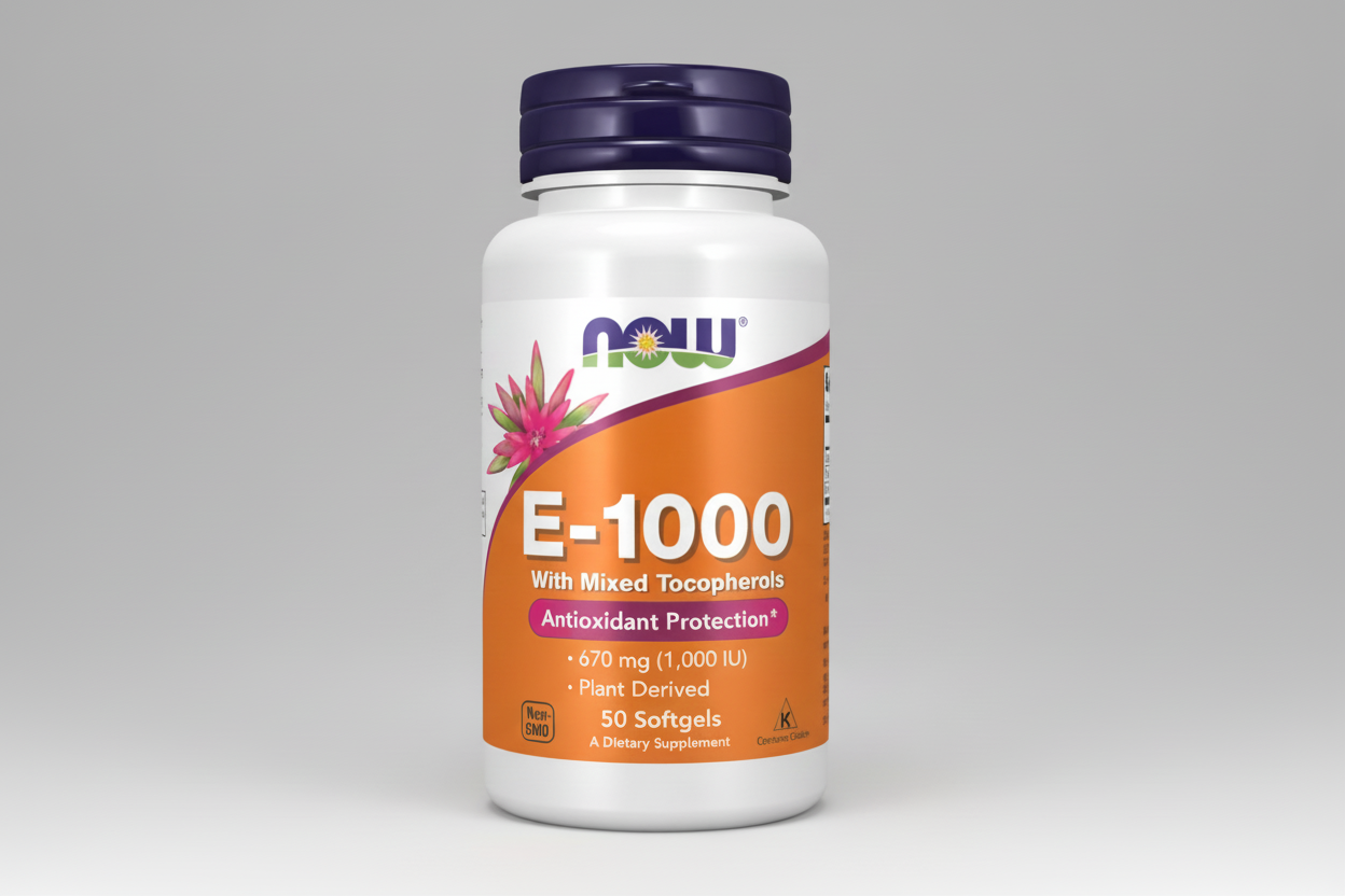 Supplement bottle labeled 'E-1000' with NOW brand on a white background