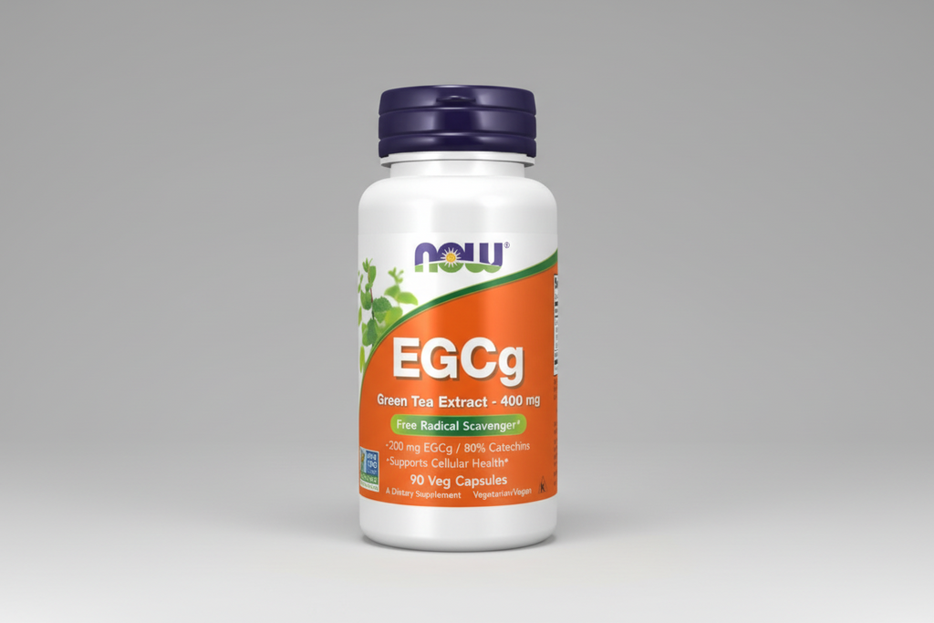 Supplement bottle labeled 'EGCG' with Now brand logo on a white background