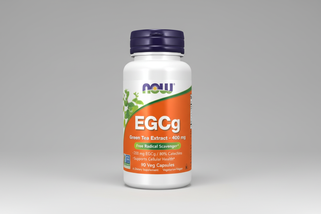 Supplement bottle labeled 'EGCG' with Now brand logo on a white background