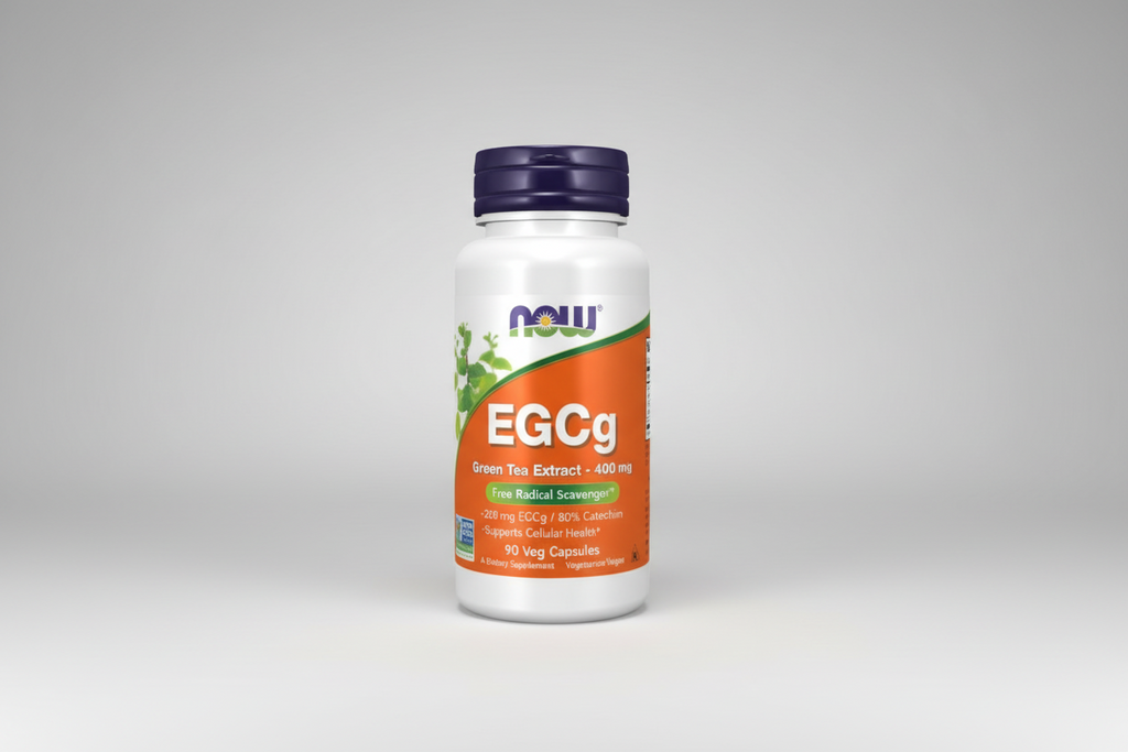 Supplement bottle labeled EGCg with Now brand on a white background