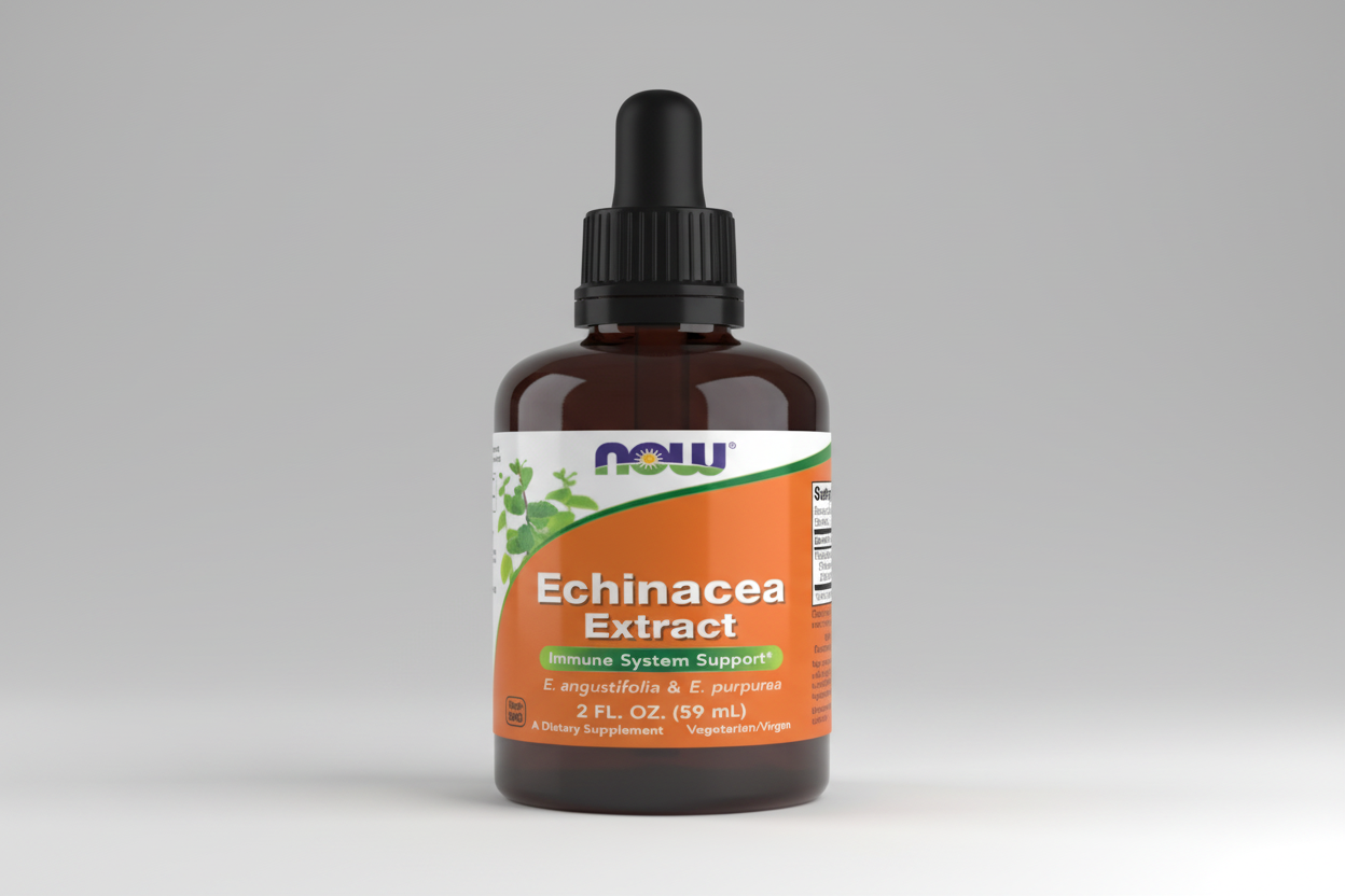 Echinacea Extract bottle with dropper labeled 'NOW' on a white background
