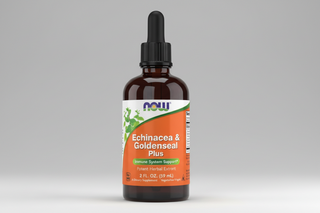 Bottle of Echinacea & Goldenseal Plus supplement with dropper on a white background