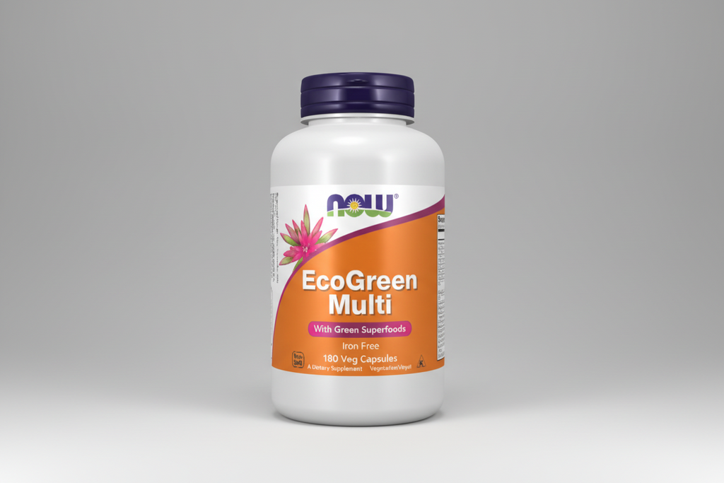 Supplement bottle labeled 'EcoGreen Multi' with NOW brand on a white background