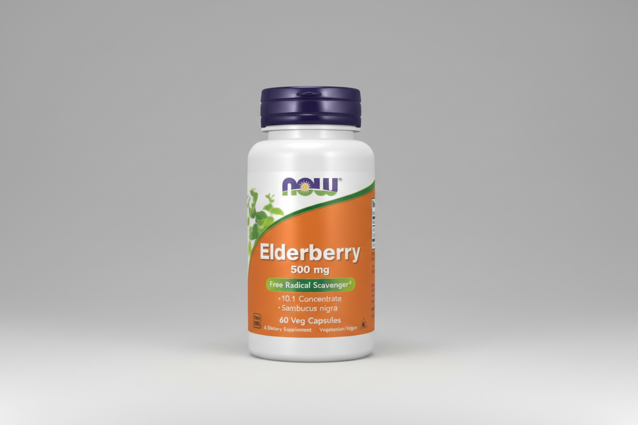 Supplement bottle labeled 'Elderberry 500 mg' with NOW brand on a white background