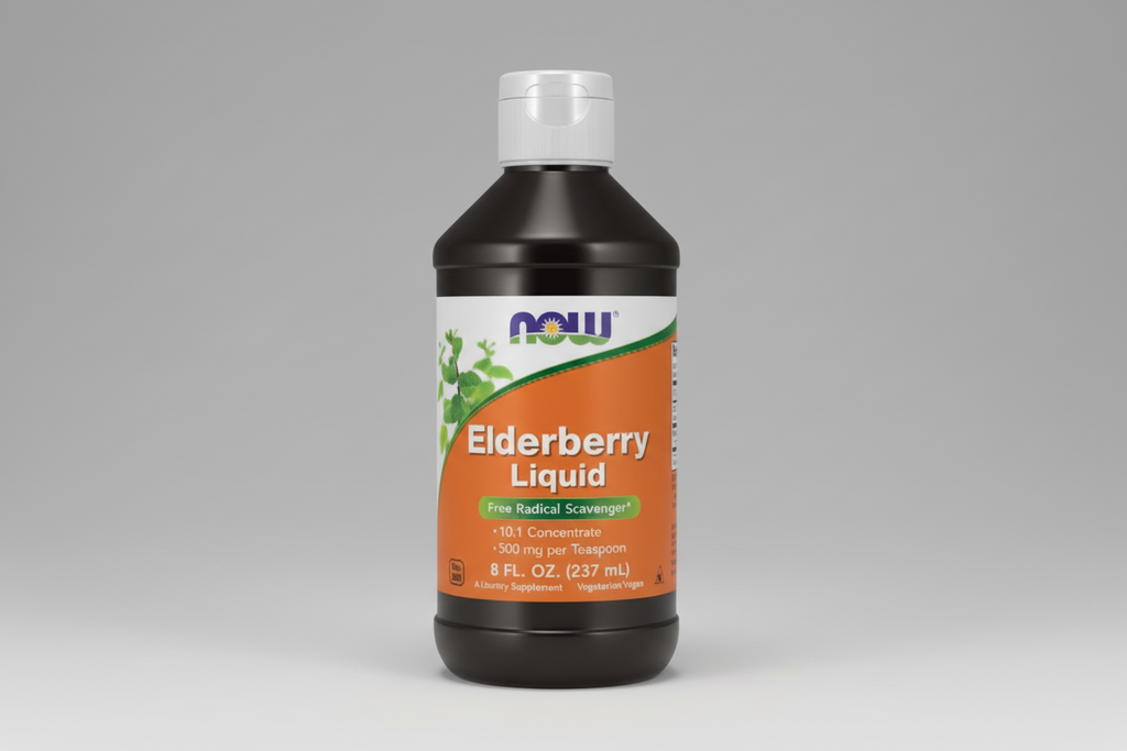 Bottle of NOW Elderberry Liquid supplement with a black and orange label.