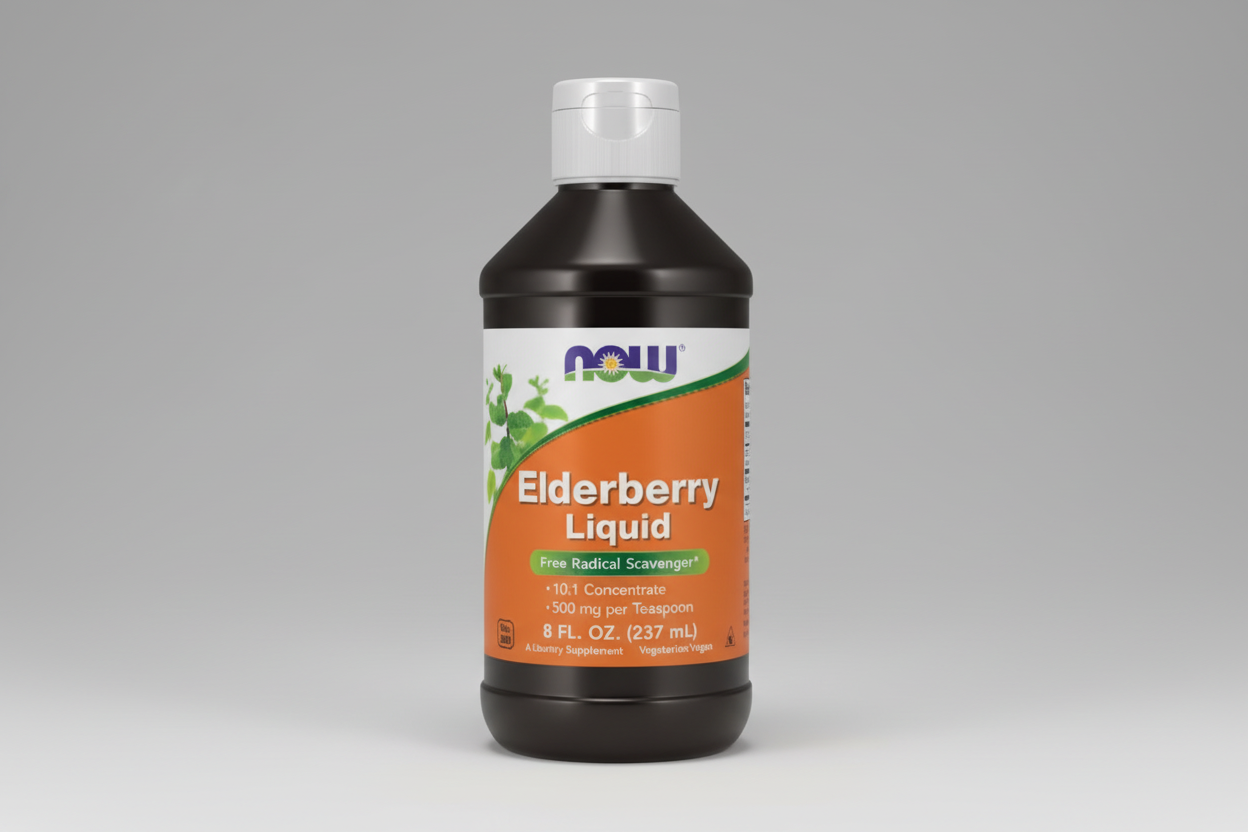 Bottle of NOW Elderberry Liquid supplement with a black and orange label.
