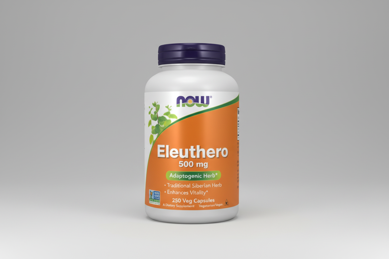 Supplement bottle labeled 'Eleuthero 500 mg' by NOW on a white background