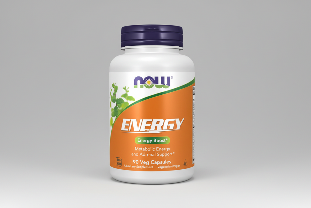 Supplement bottle labeled 'Energy Boost' by NOW on a white background
