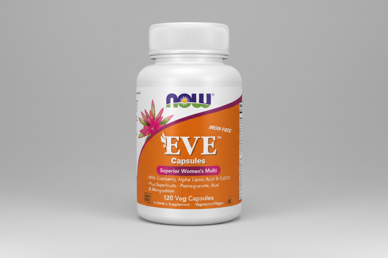 Supplement bottle labeled 'EVE' with NOW brand on a white background
