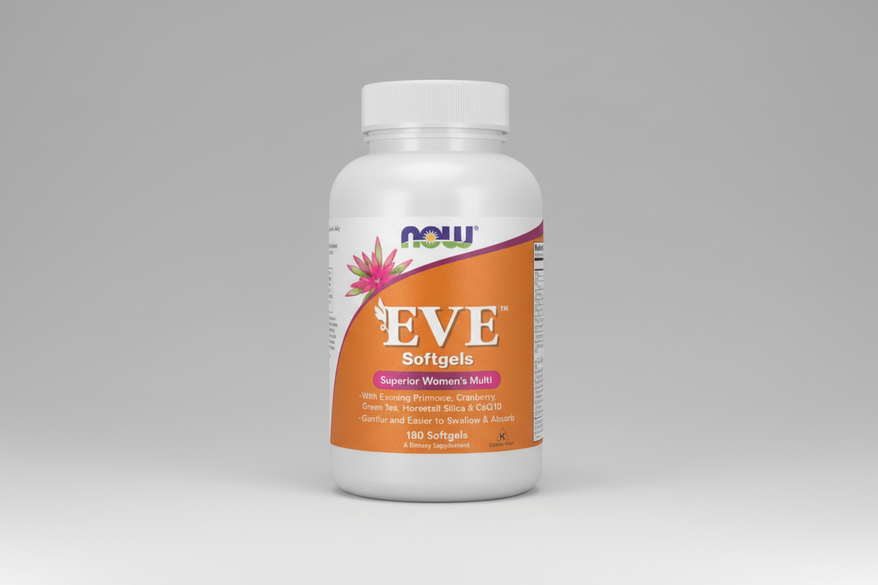 Vitamin supplement bottle labeled 'EVE Softgels' by NOW on a white background