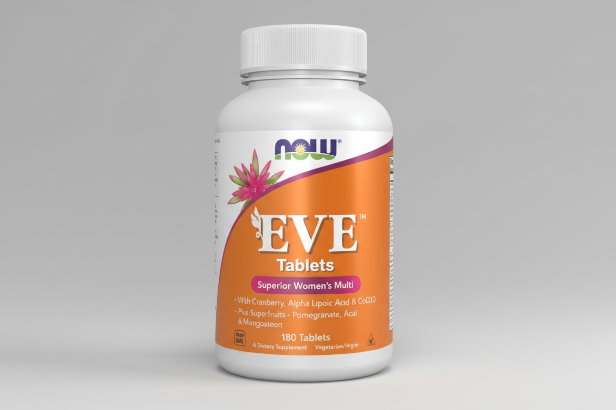 Supplement bottle labeled 'EVE Tablets' with orange and white design on a white background