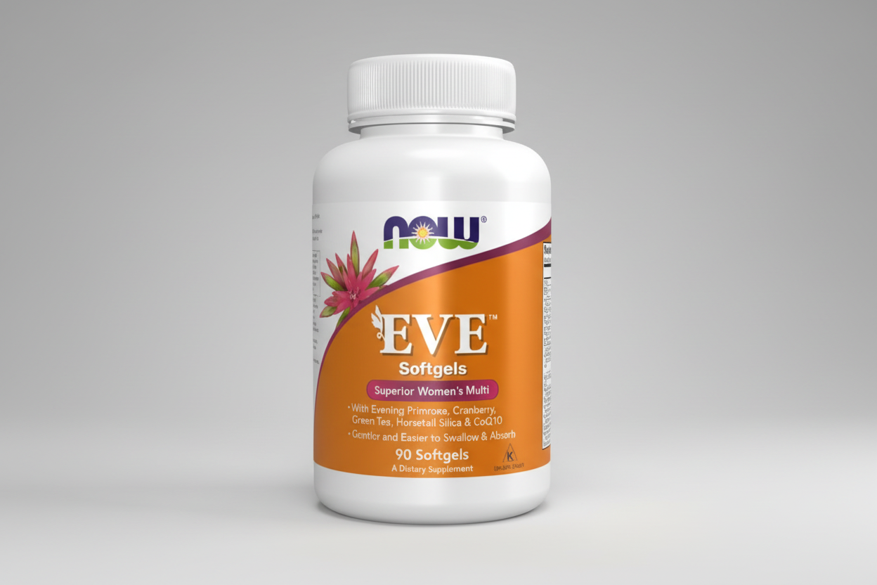 Supplement bottle labeled 'EVE Softgels' with Now brand on a white background
