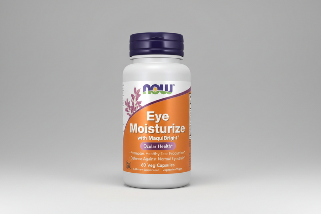 Supplement bottle labeled 'Eye Moisturize' with NOW brand on a white background