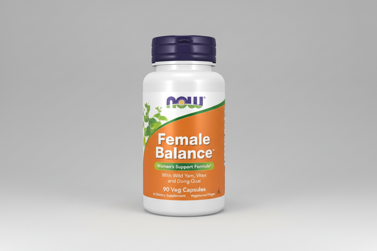 Supplement bottle labeled 'Female Balance' by NOW on a white background
