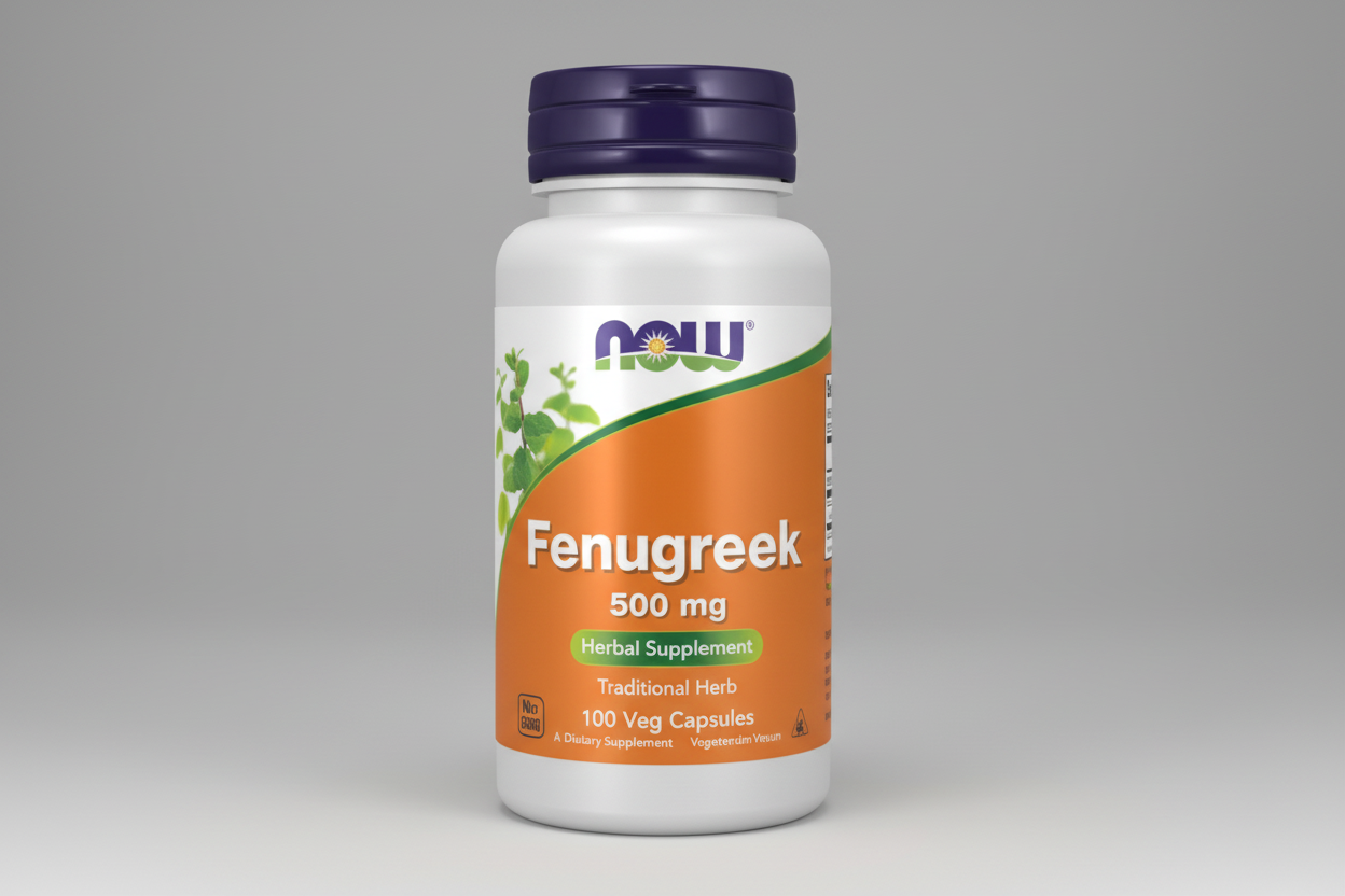 Fenugreek supplement bottle with NOW label on a white background