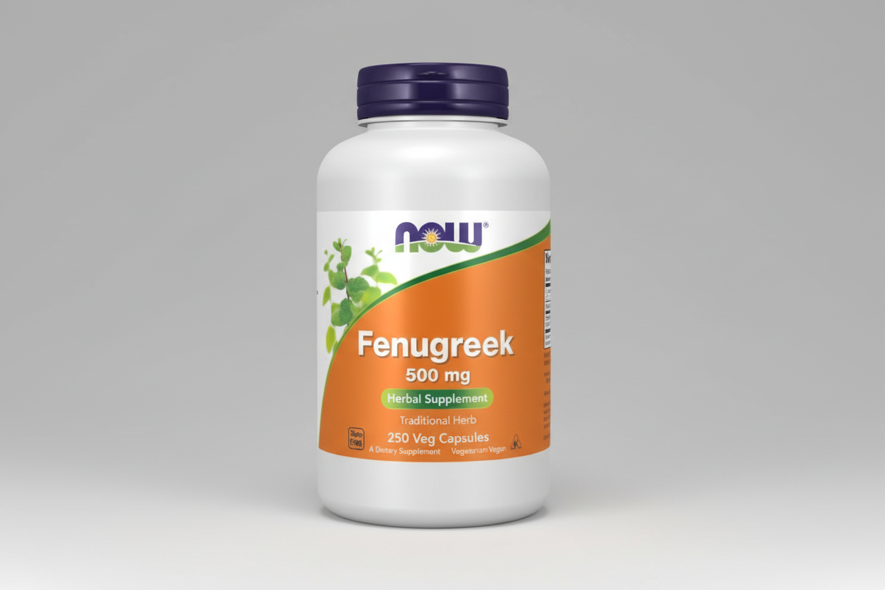 Supplement bottle labeled 'Fenugreek 500 mg' with NOW brand on an orange and white background.