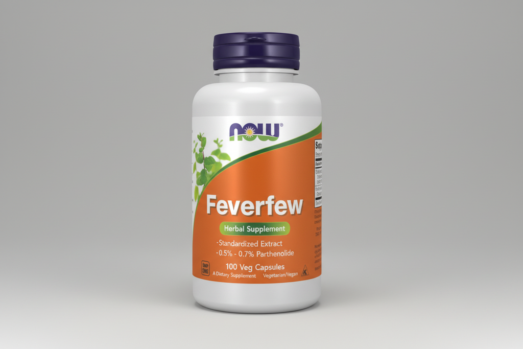 Supplement bottle labeled 'Feverfew' by NOW on a white background