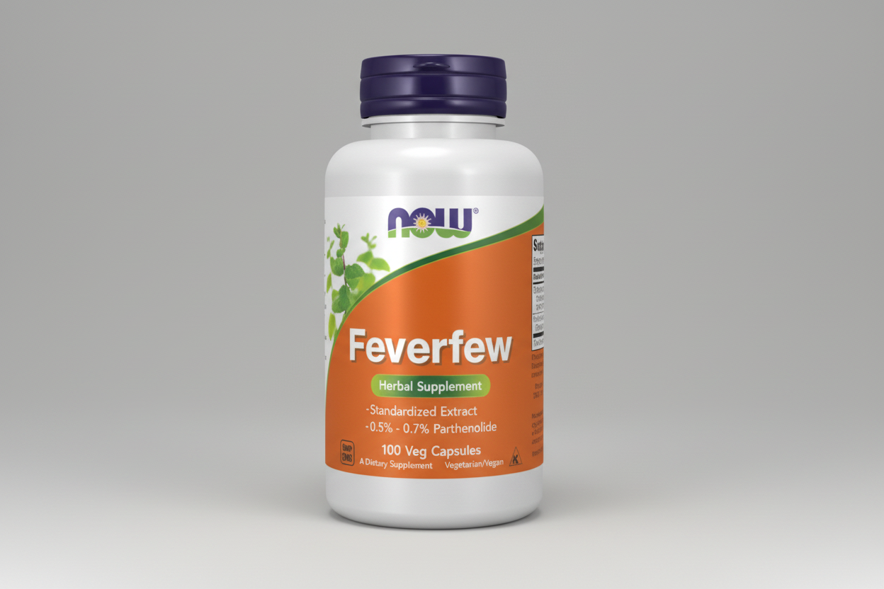 Supplement bottle labeled 'Feverfew' by NOW on a white background