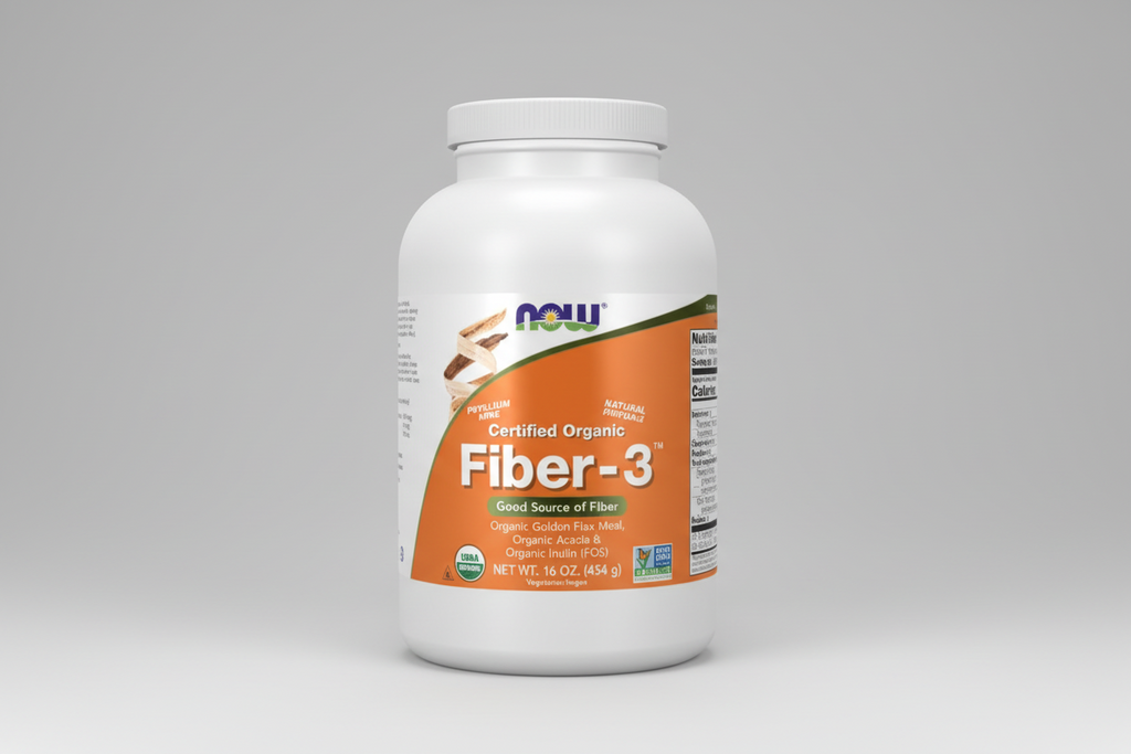 Supplement bottle labeled 'Fiber-3' by NOW on a white background
