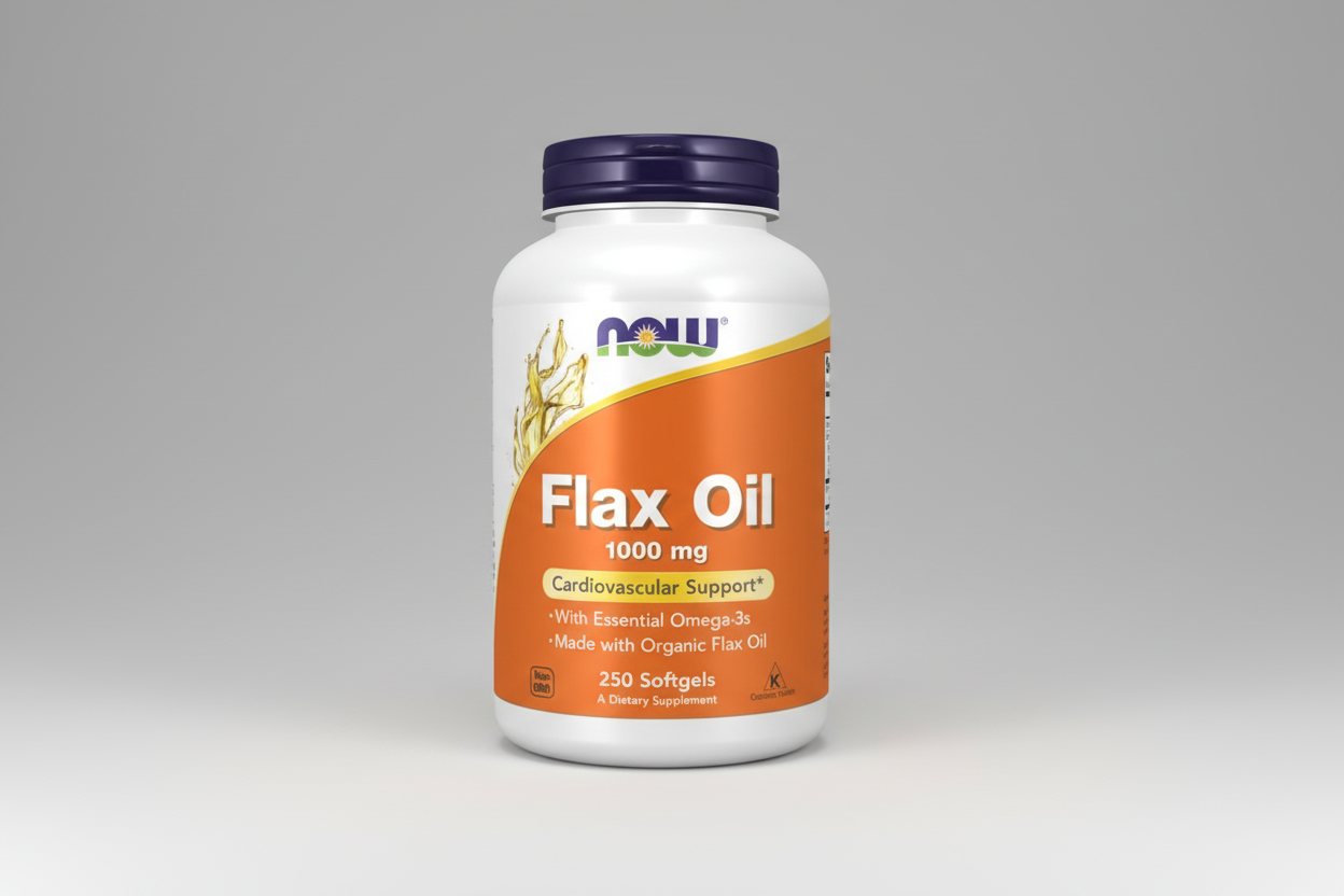 Supplement bottle labeled 'Flax Oil' with Now brand on a white background