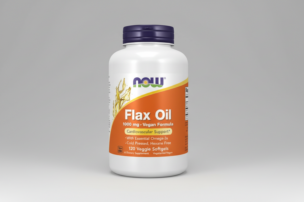 Flax oil supplement bottle with NOW brand on a white background