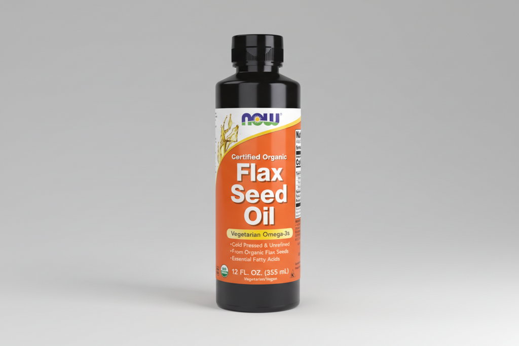 Bottle of NOW Flax Seed Oil on a white background