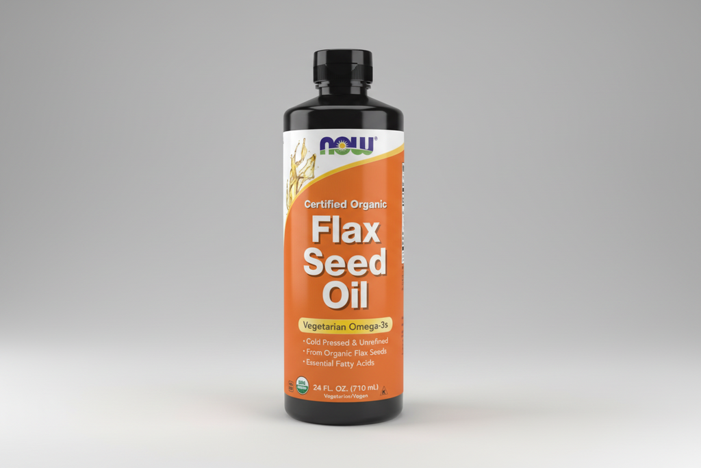 Bottle of NOW Flax Seed Oil on a white background
