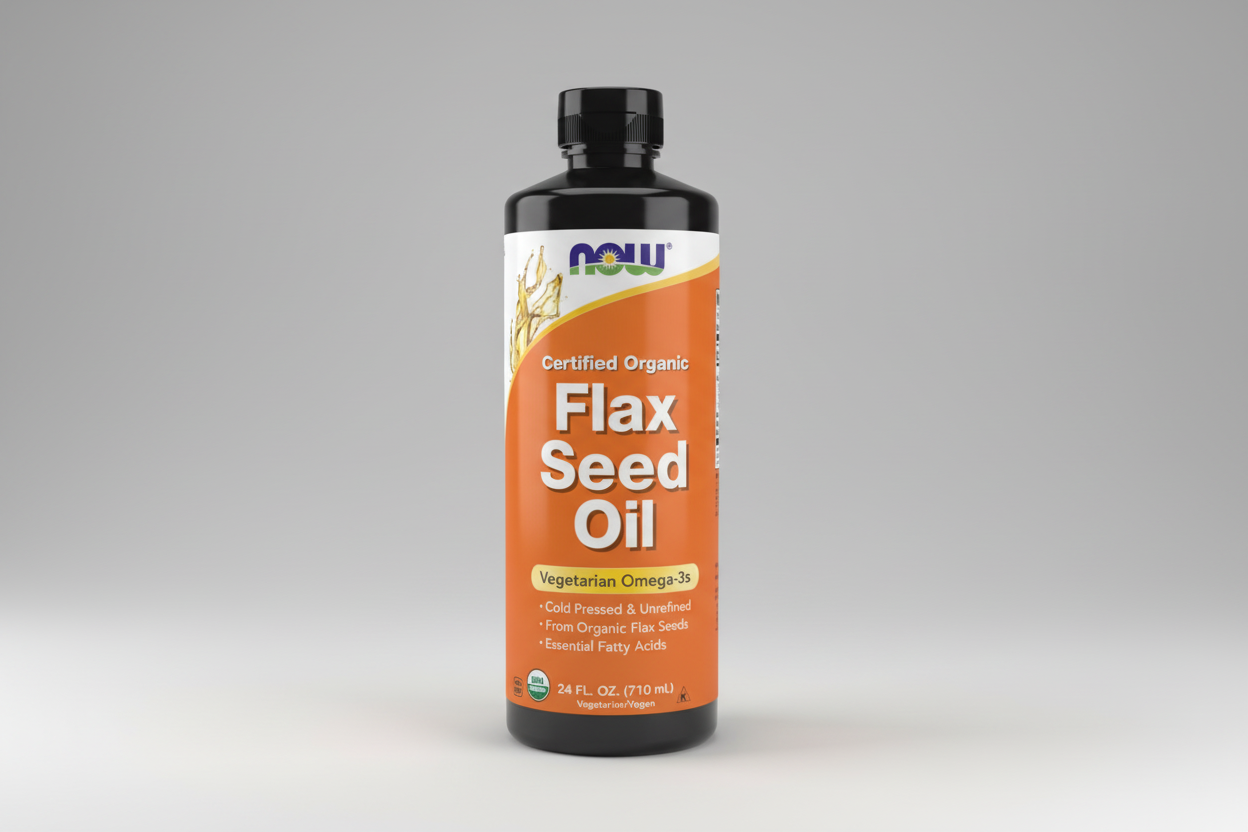 Bottle of NOW Flax Seed Oil on a white background