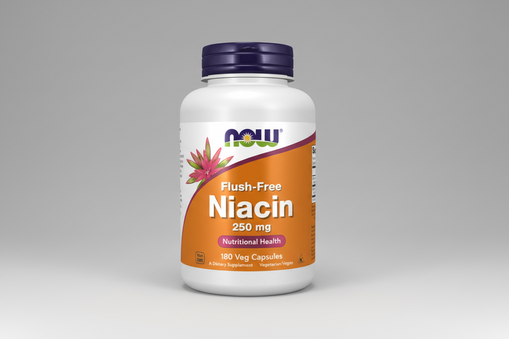 Supplement bottle labeled 'Flush-Free Niacin 250 mg' by NOW on a white background