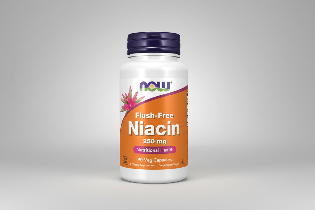 Supplement bottle of Flush-Free Niacin 250 mg by NOW on a white background