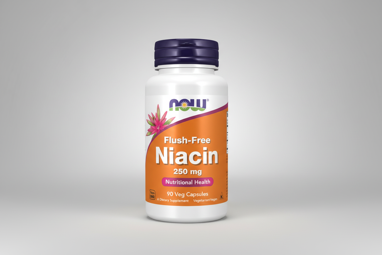 Supplement bottle of Flush-Free Niacin 250 mg by NOW on a white background