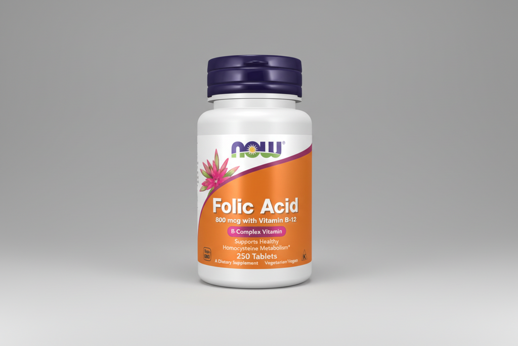Supplement bottle of Folic Acid with Vitamin B-12 on a white background