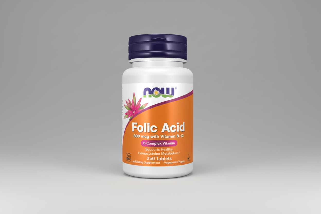 Supplement bottle of Folic Acid with Vitamin B-12 on a white background