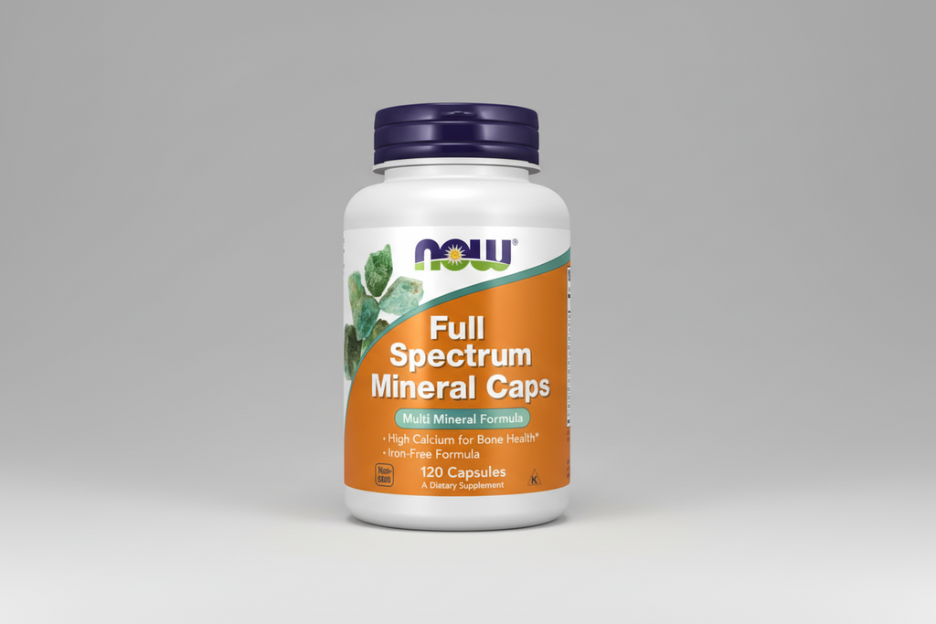 Supplement bottle labeled 'Full Spectrum Mineral Caps' with Now brand on a white background