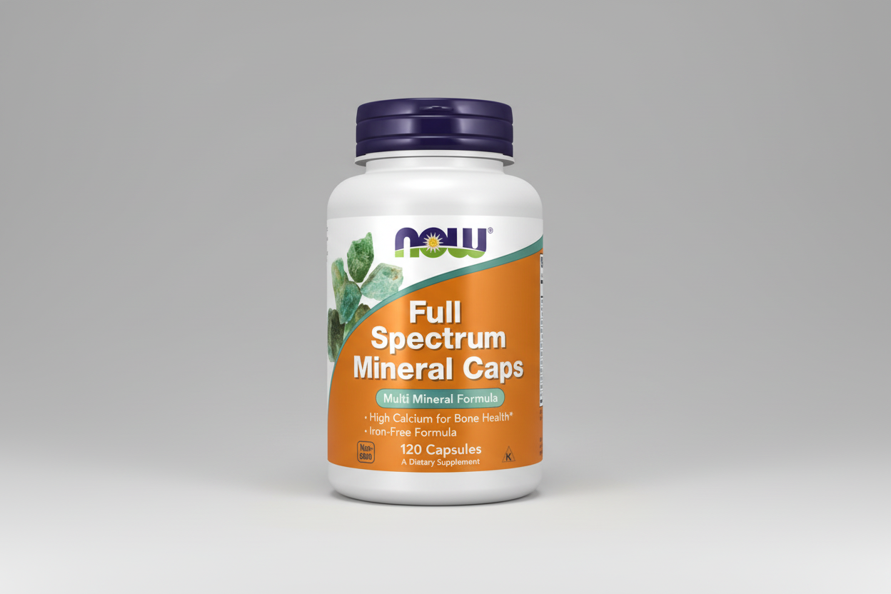 Supplement bottle labeled 'Full Spectrum Mineral Caps' with Now brand on a white background