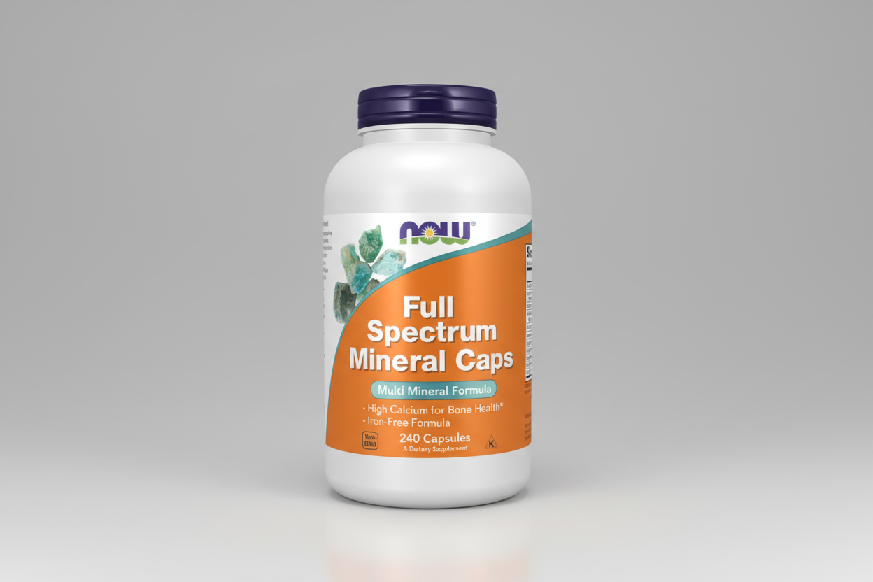 Supplement bottle labeled 'Full Spectrum Mineral Caps' by NOW on a white background