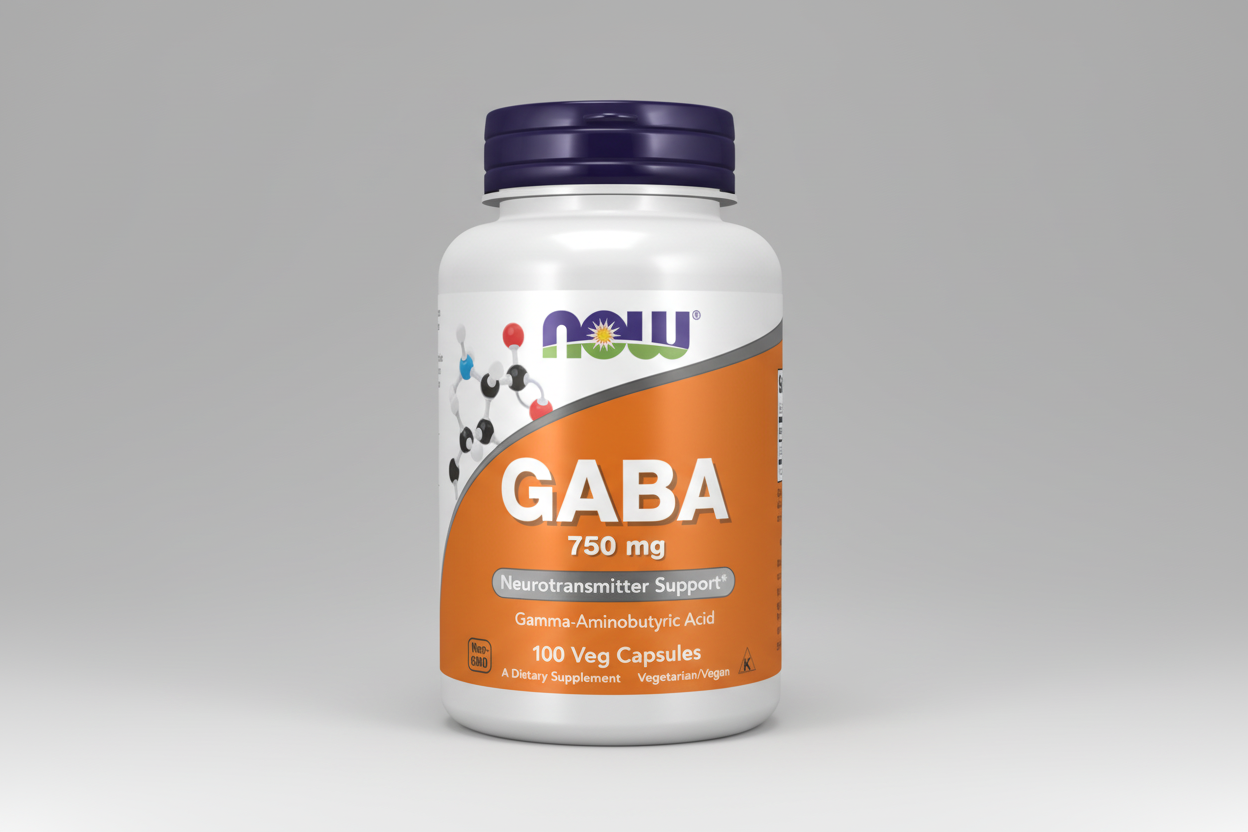 Supplement bottle labeled 'GABA 750 mg' with NOW brand on a white background
