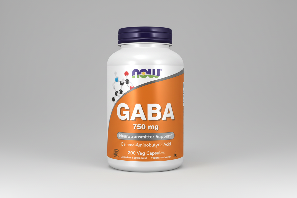 Supplement bottle labeled 'GABA 750 mg' with NOW brand on a white background