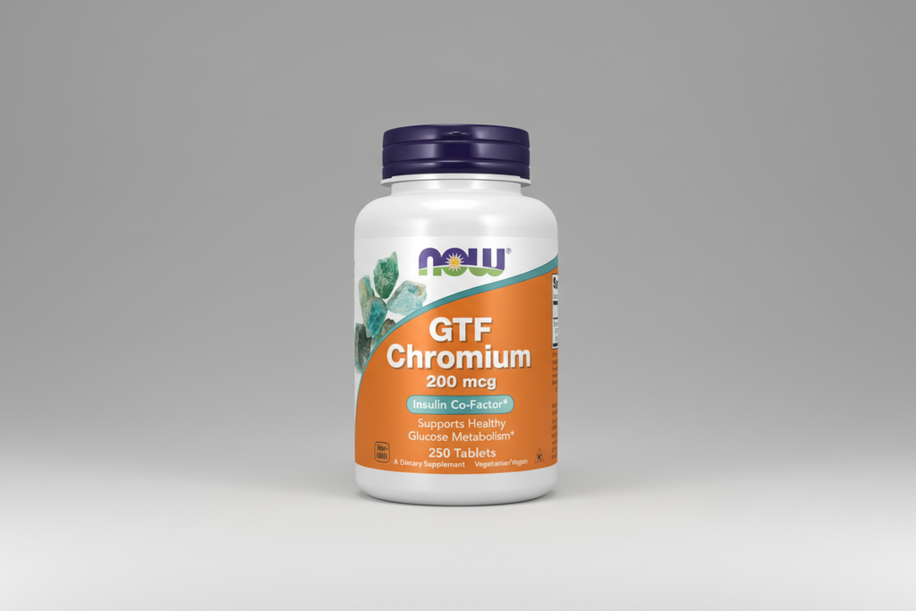 Supplement bottle labeled 'GTF Chromium 200 mcg' by NOW on a white background