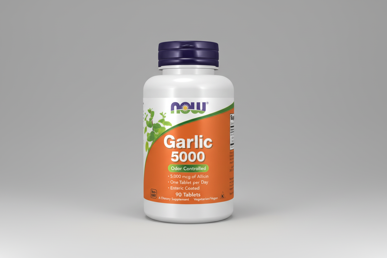 Garlic supplement bottle with Now brand on a white background