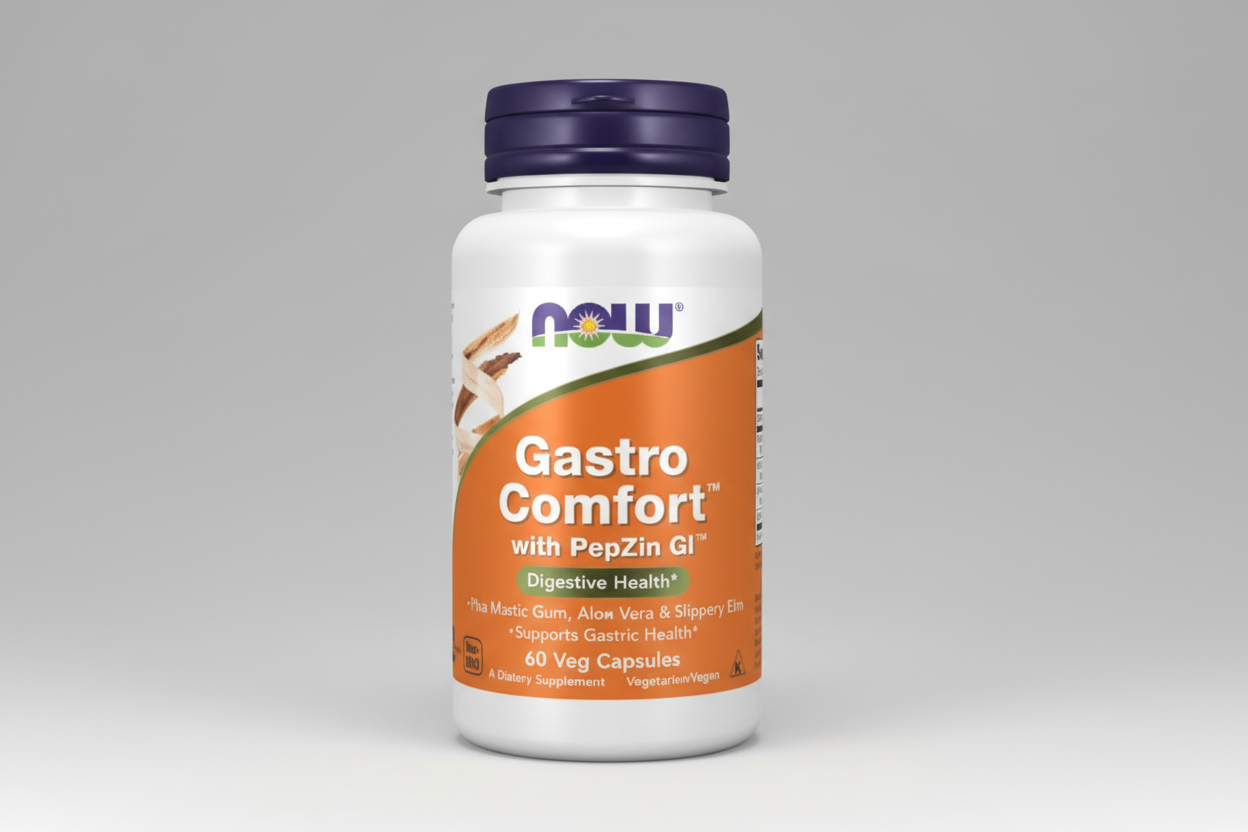 Supplement bottle labeled 'Gastro Comfort with PepZin GI' by NOW on a white background