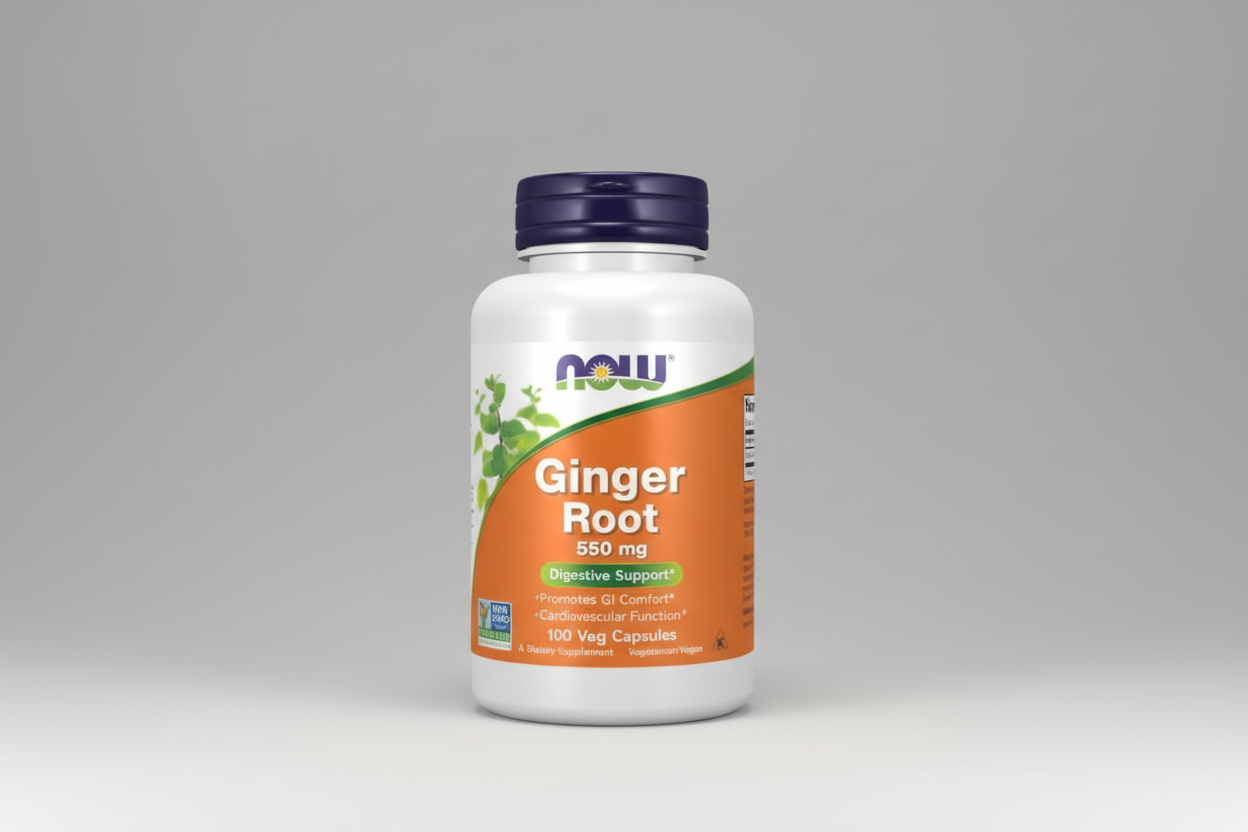 Ginger root supplement bottle with NOW label on a white background
