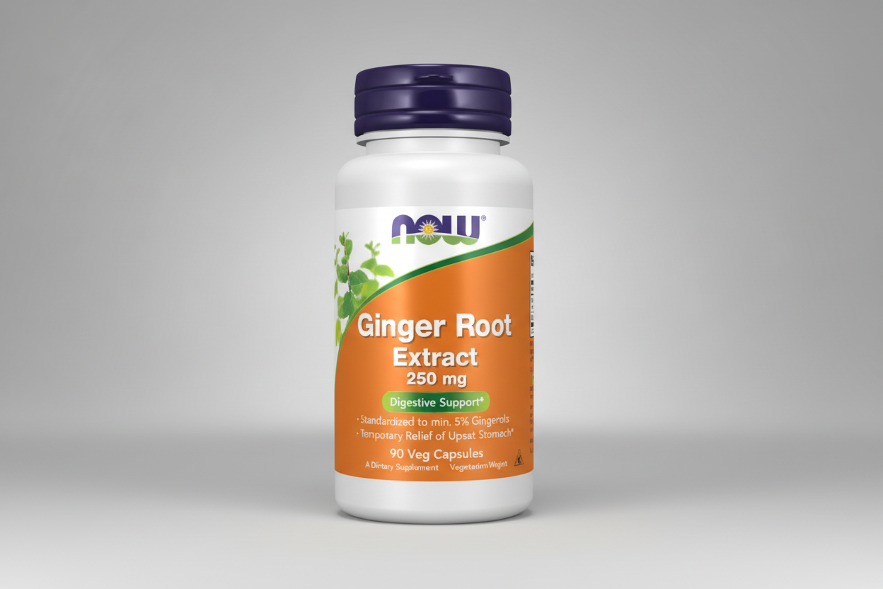 Ginger Root Extract supplement bottle with Now brand on an orange background