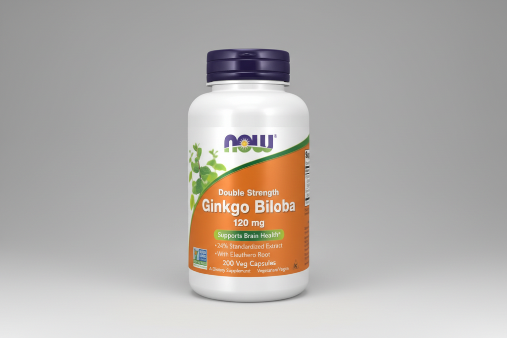 Supplement bottle of Ginkgo Biloba with NOW label on a white background