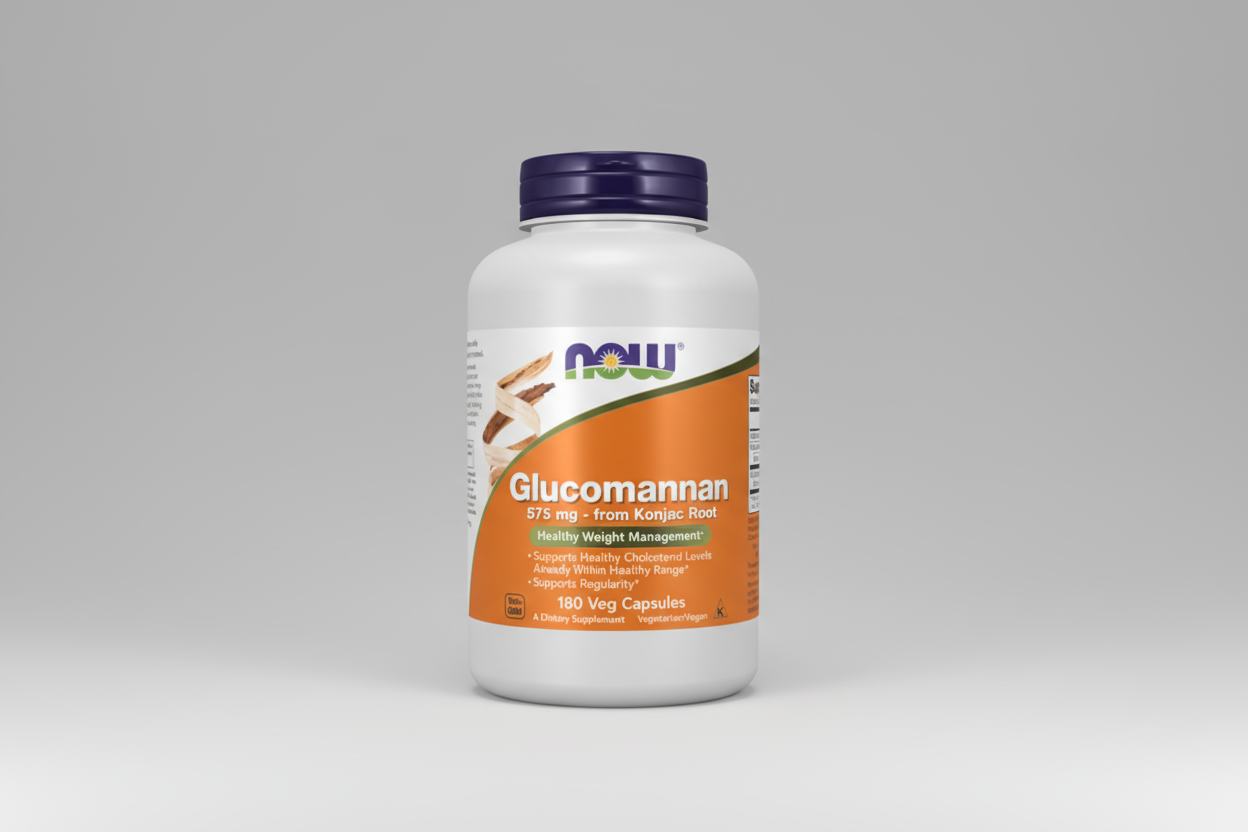 Supplement bottle labeled 'Glucomannan' from NOW on a white background