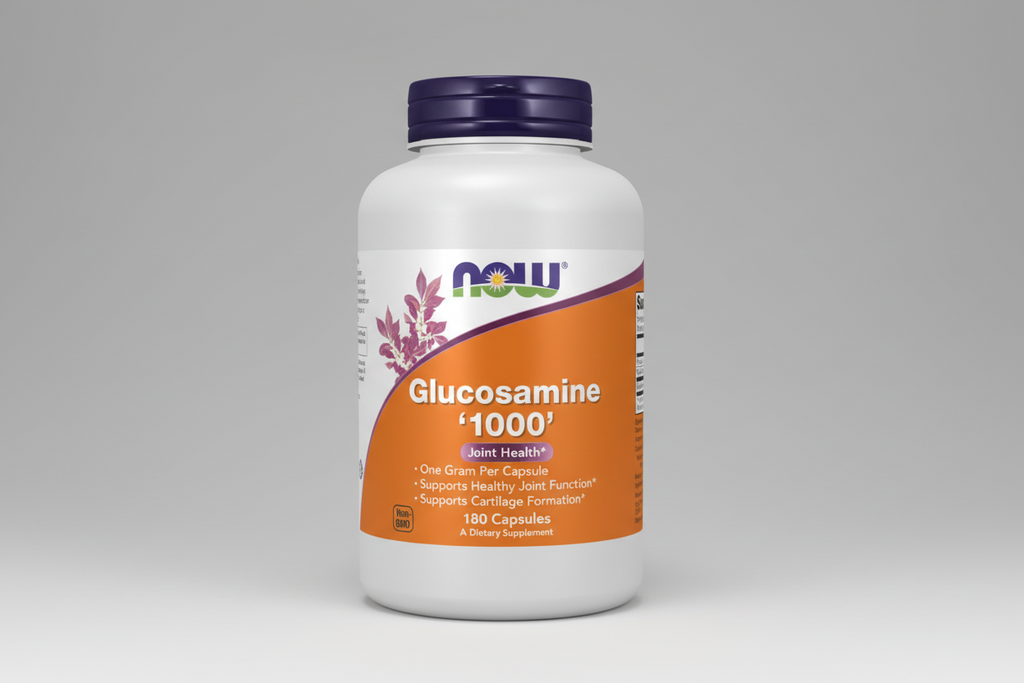 Supplement bottle labeled 'Glucosamine 1000' by NOW on a white background