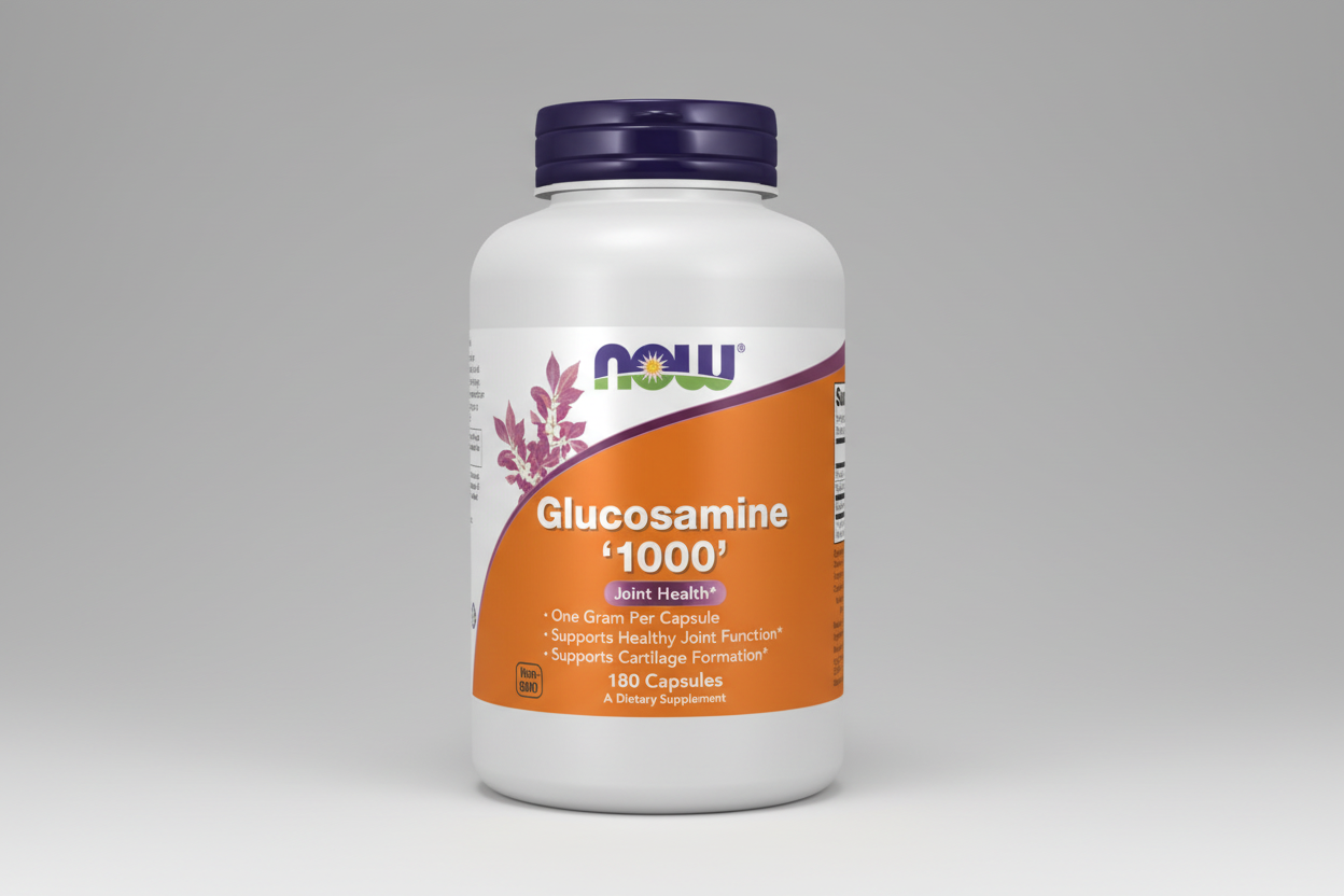 Supplement bottle labeled 'Glucosamine 1000' by NOW on a white background