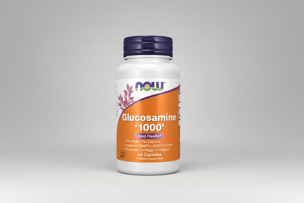 Supplement bottle labeled 'Glucosamine 1000' by NOW on a white background